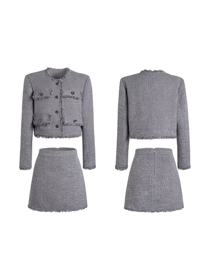 Tweed coat high waist skirt set