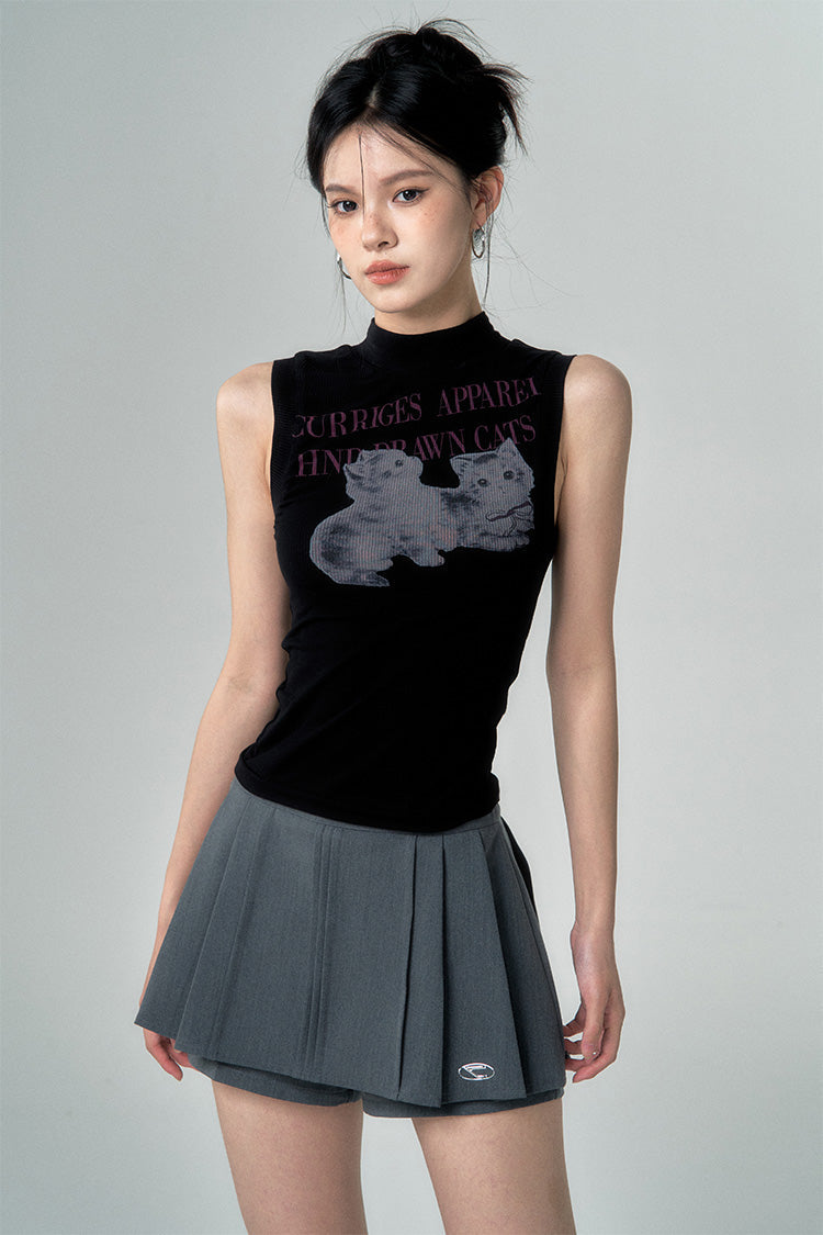 Sleeveless Knit with High Neck Cat Design
