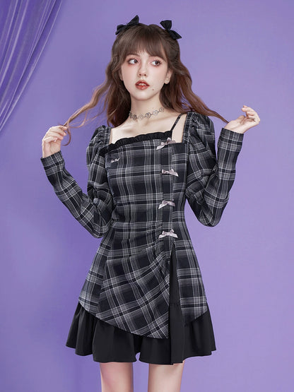 Plaid long-sleeve asymmetrical design dress