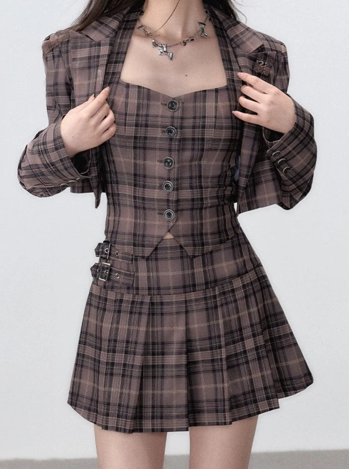 vintage suit vest pleated skirt three-piece set