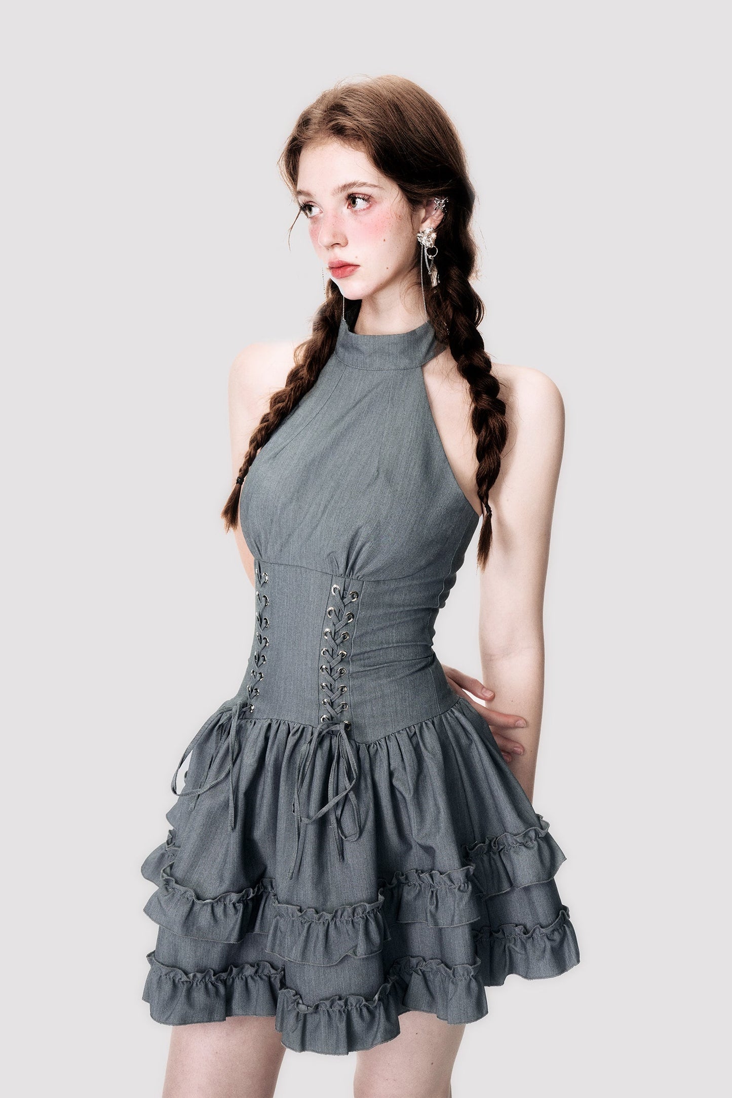 Halter Neck Lace-Up Ruffle Dress
