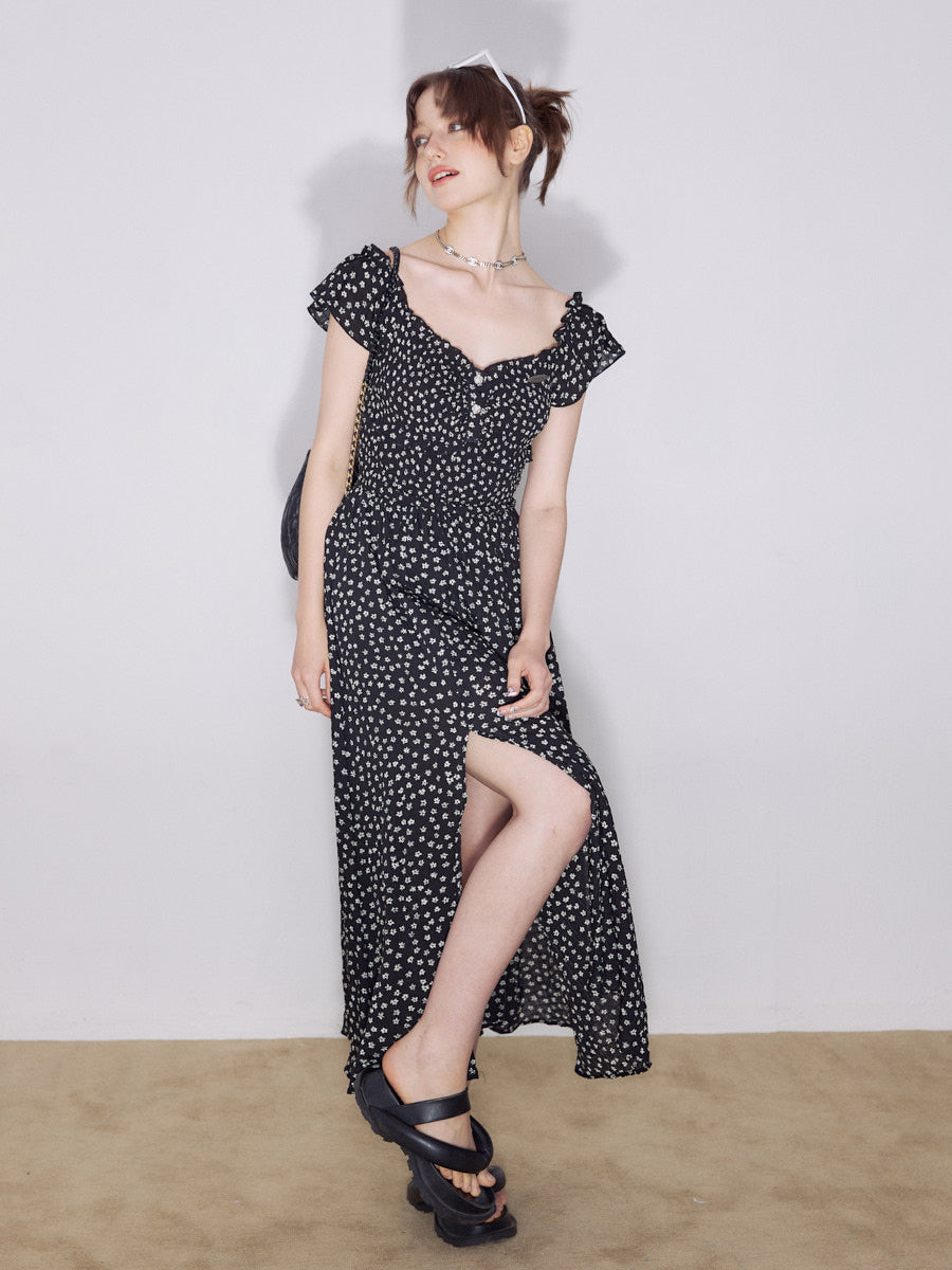 Retro Black Flower Sleeve Dress