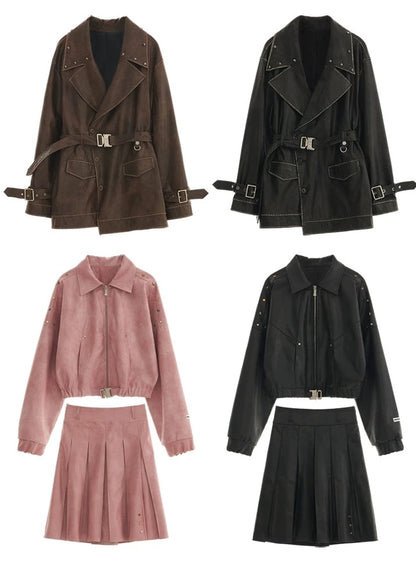 Coat pleated skirt casual set