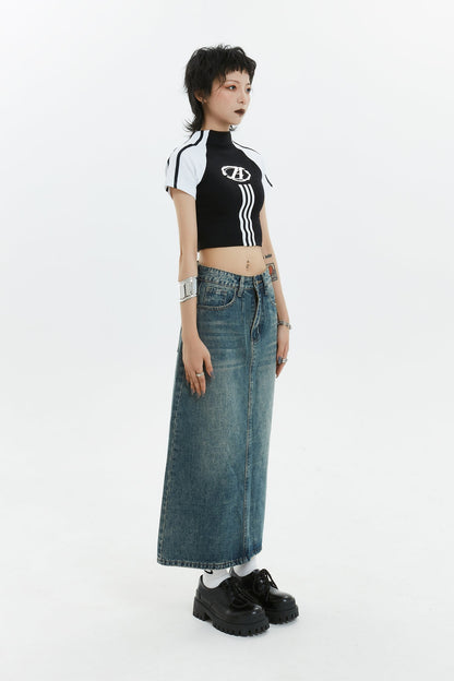 Back Slit A-Line Denim Long Skirt