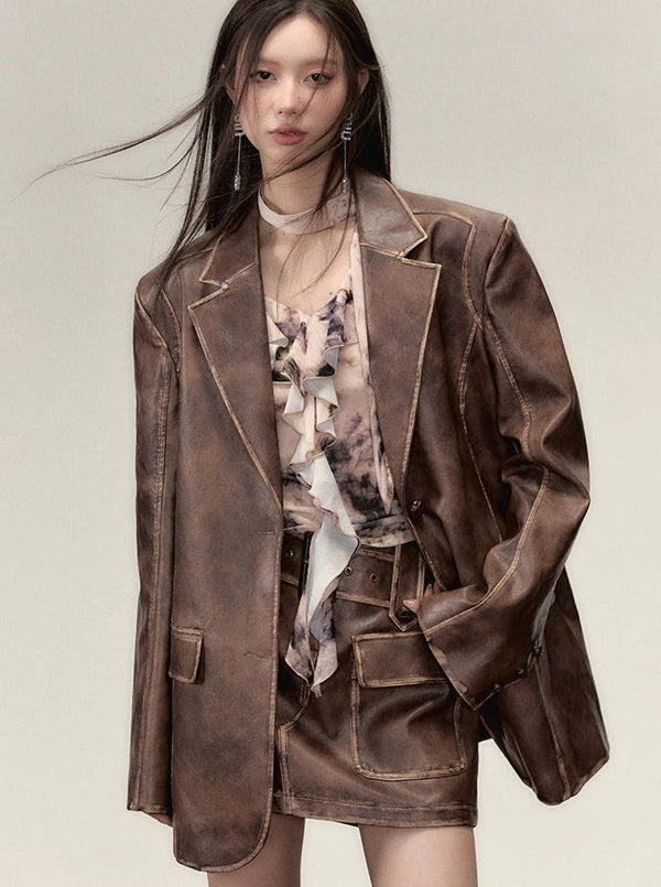 rubbed  leather dress two-piece Set-up