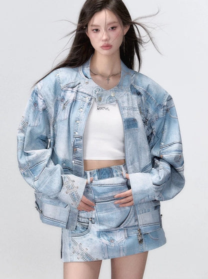 Denim print jacket and skirt set