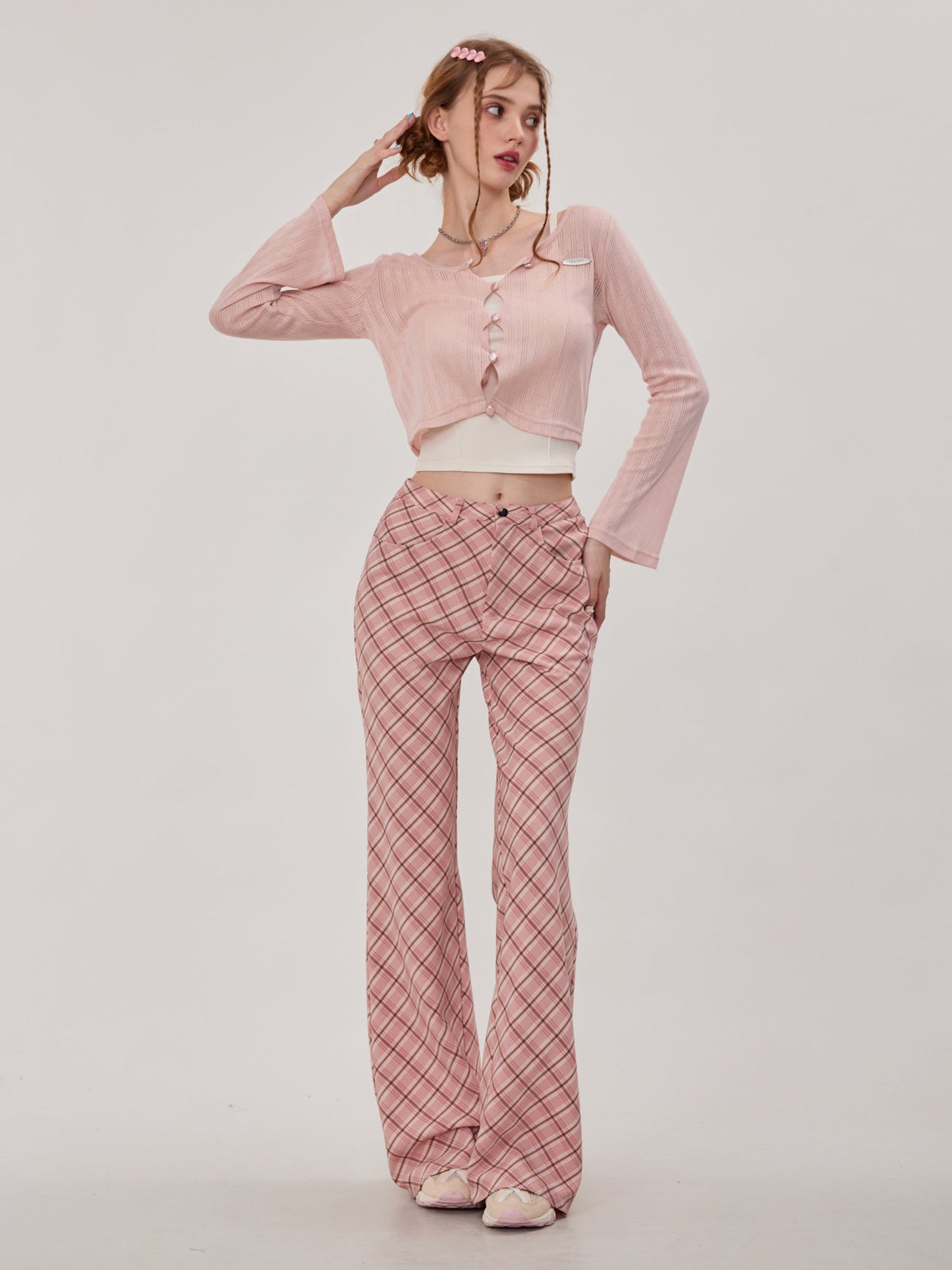 Retro Plaid Flared Straight Pants