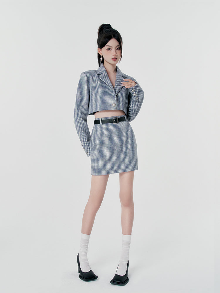 Retro Linen Blue Short Jacket + Tight Skirt