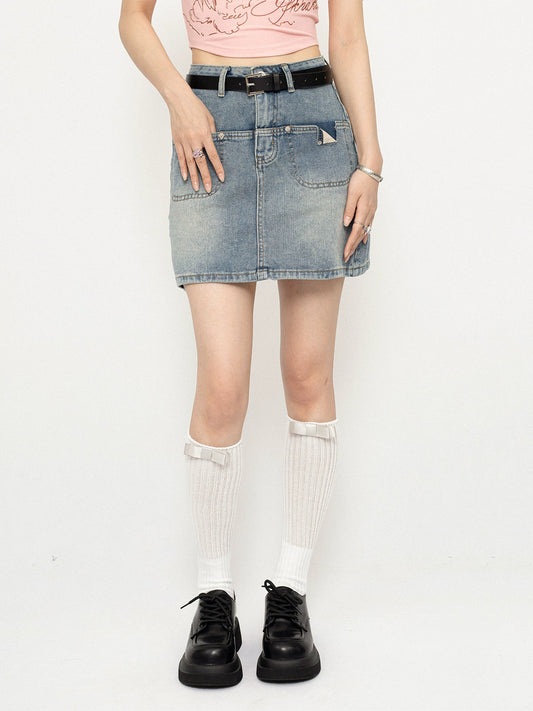 Pocket Slit Flap Design Denim Skirt