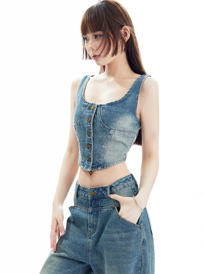 American Denim Wide Leg Short Vest Set-up