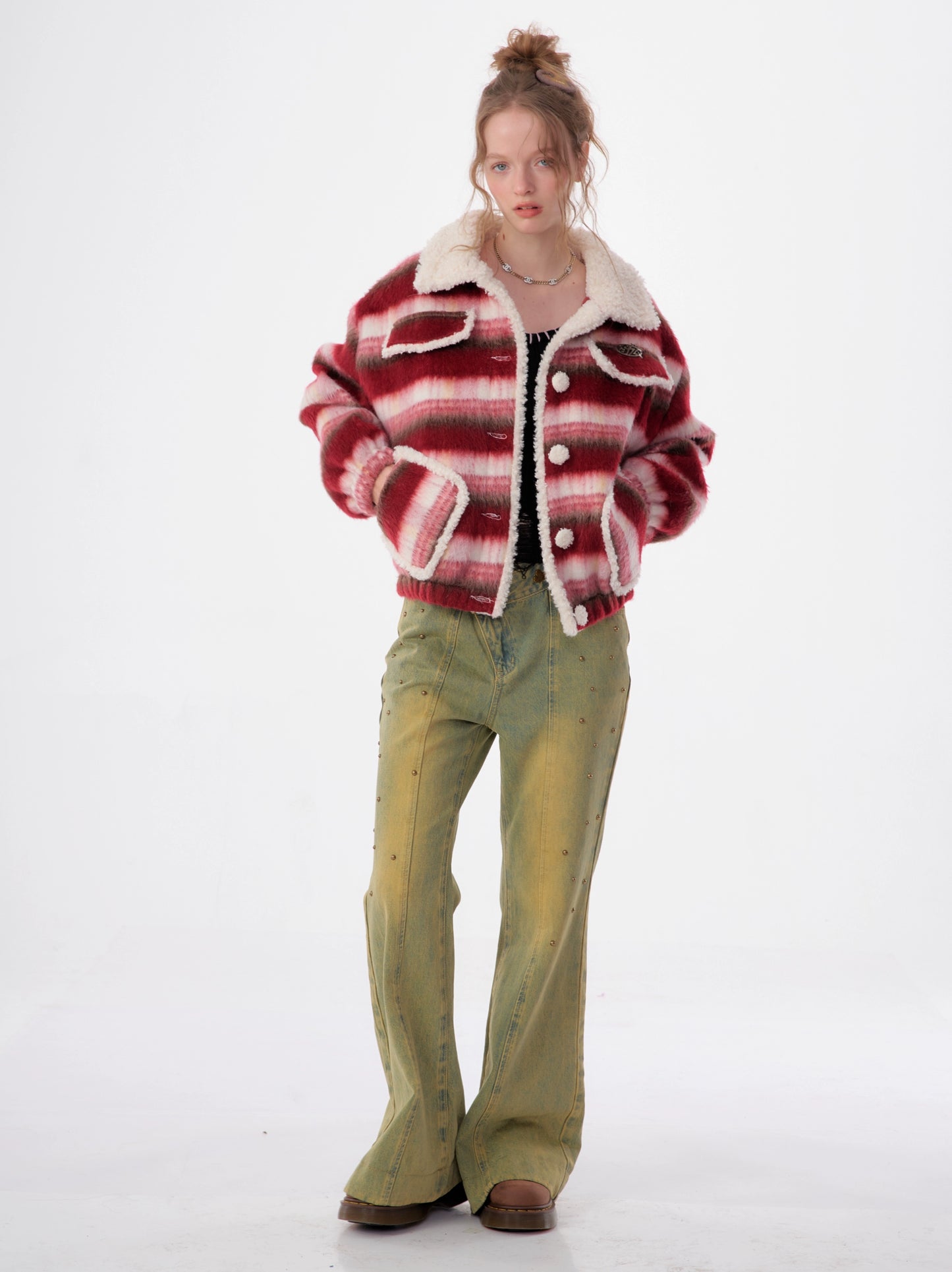 American lamb wool collar striped woolen coat