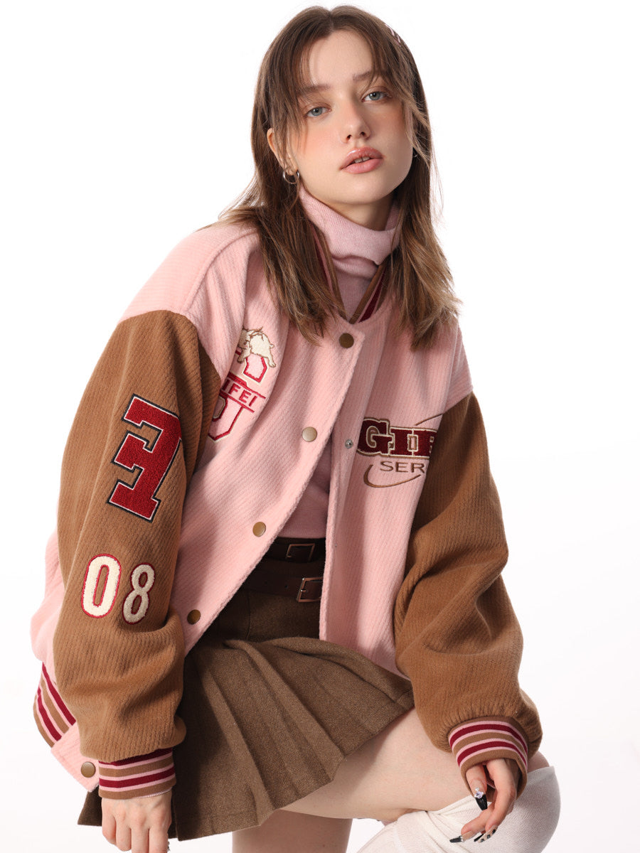 Thickened Pink Stitching Woolen Jacket