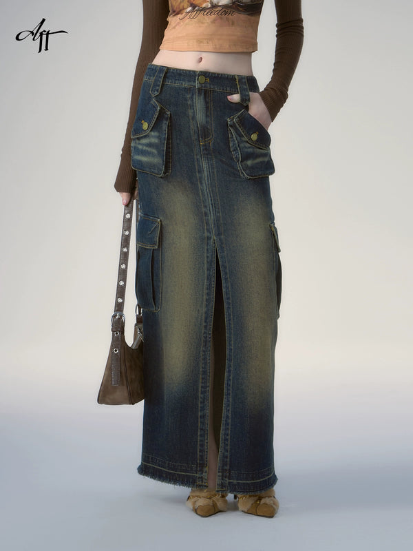 Babes Big Pocket Slit Wash Denim Skirt
