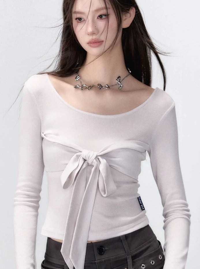 sense niche bow tie long sleeve wool top