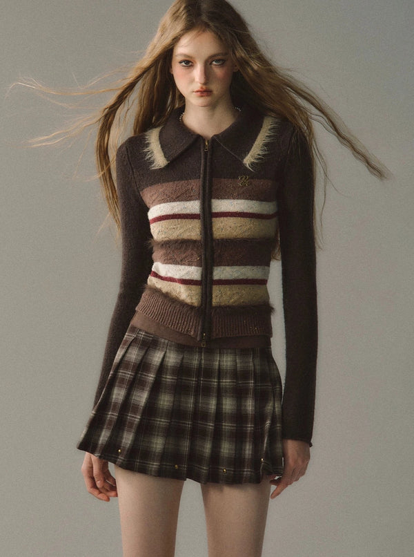 Striped Lapel Colored Knit Cropped Sweater Top