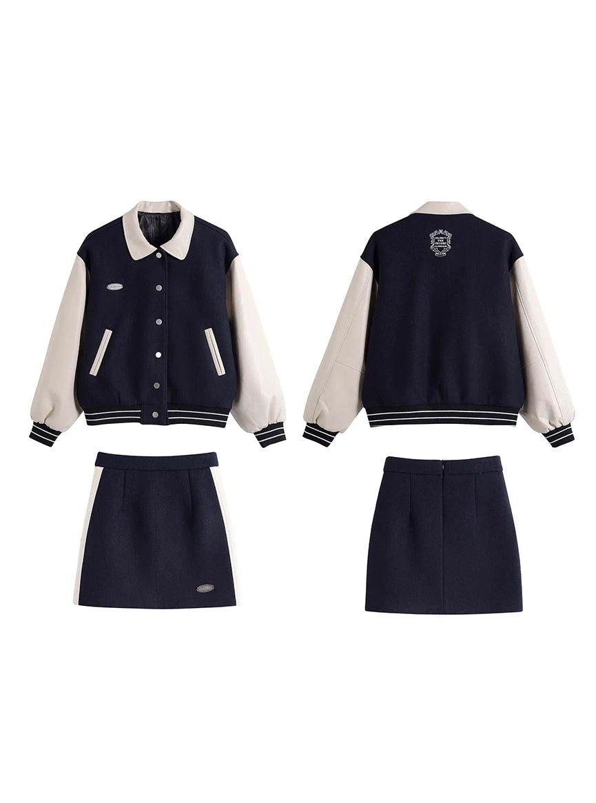 American baseball uniform woolen coat skirt set