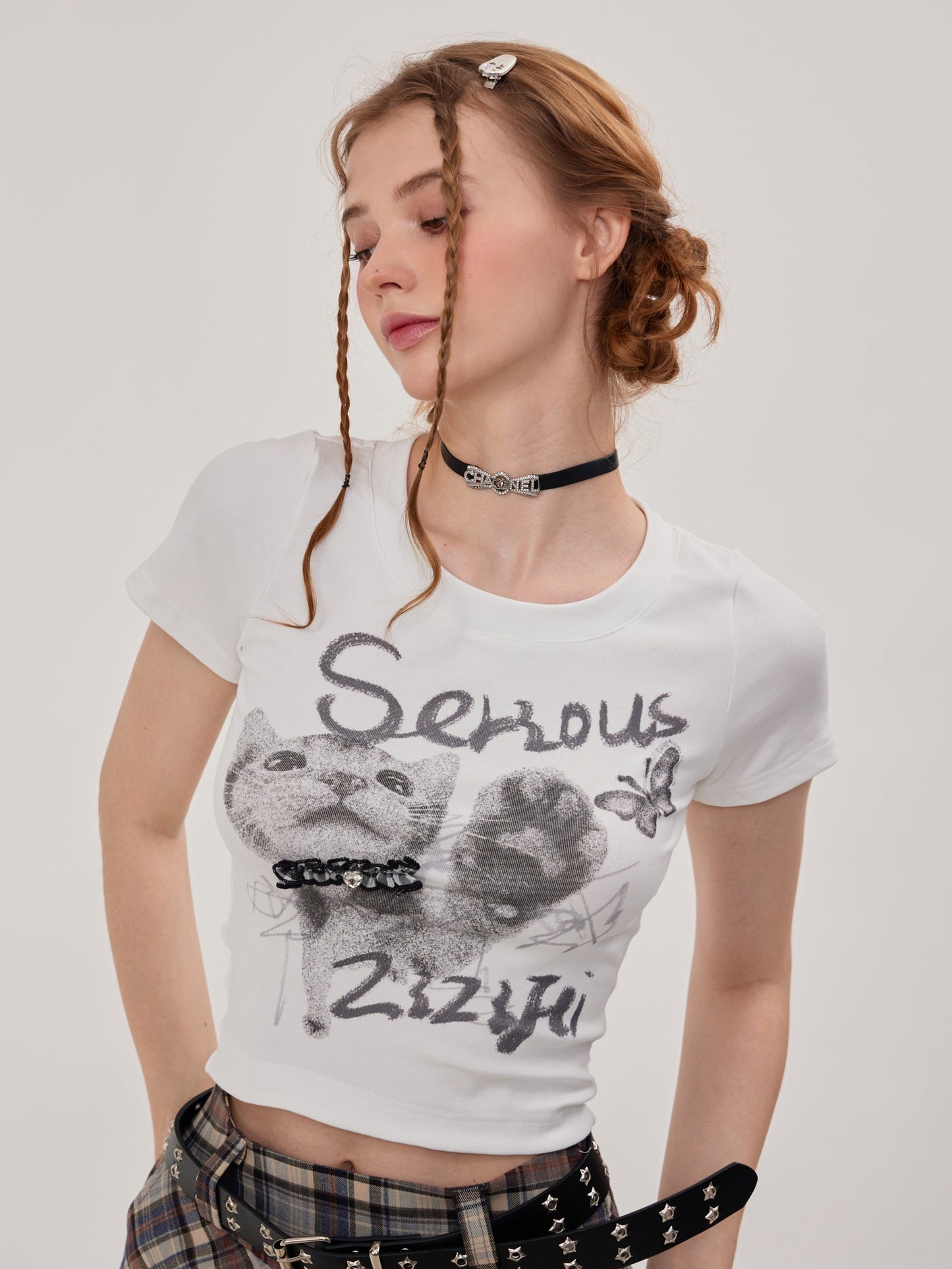 Slim Short Cat Print Round Neck T-Shirt