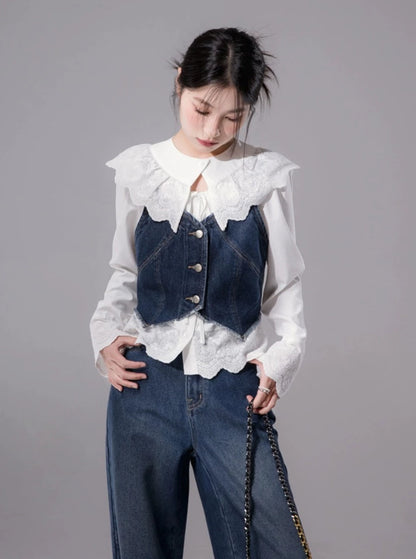 Lace detachable collar long sleeves shirt