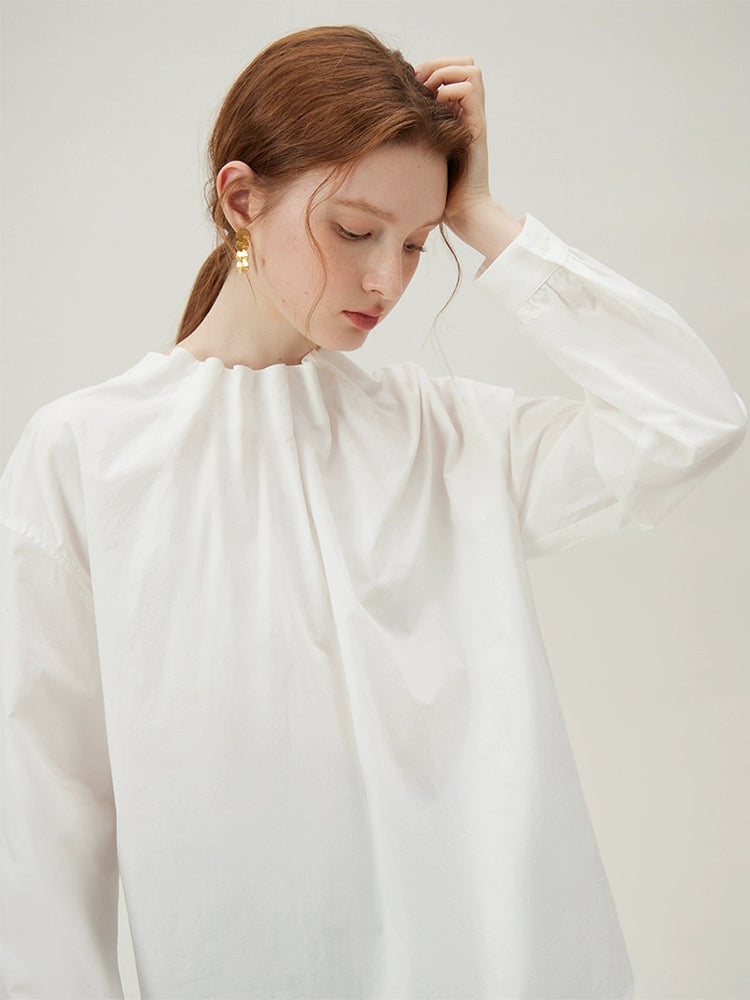 White Cotton Pinch Pleated Stand Collar Shirt