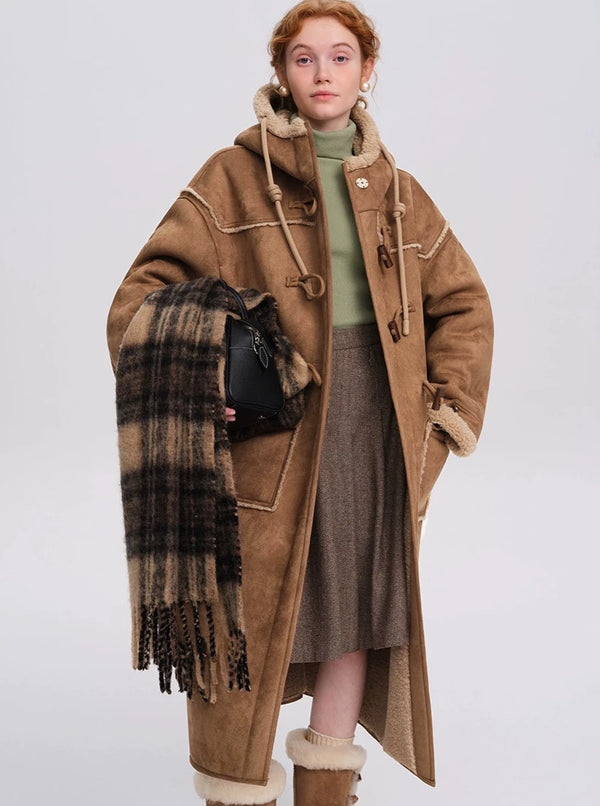 Suede hooded long lambswool coat