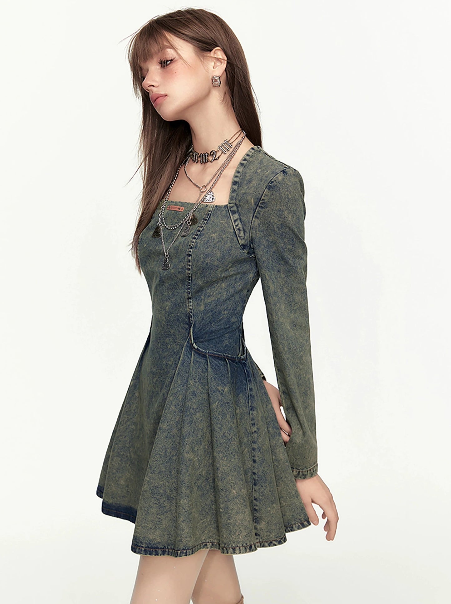 Hong Kong Style Retro Square Neck Denim Dress