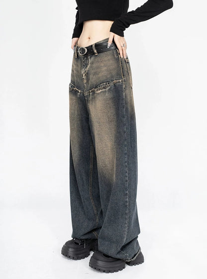 Retro loose wide-leg casual denim trousers