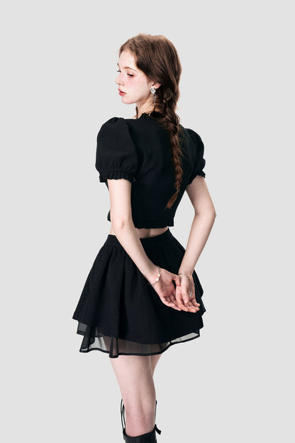 Cropped Puff Sleeve Top Sheer A-Line Skirt