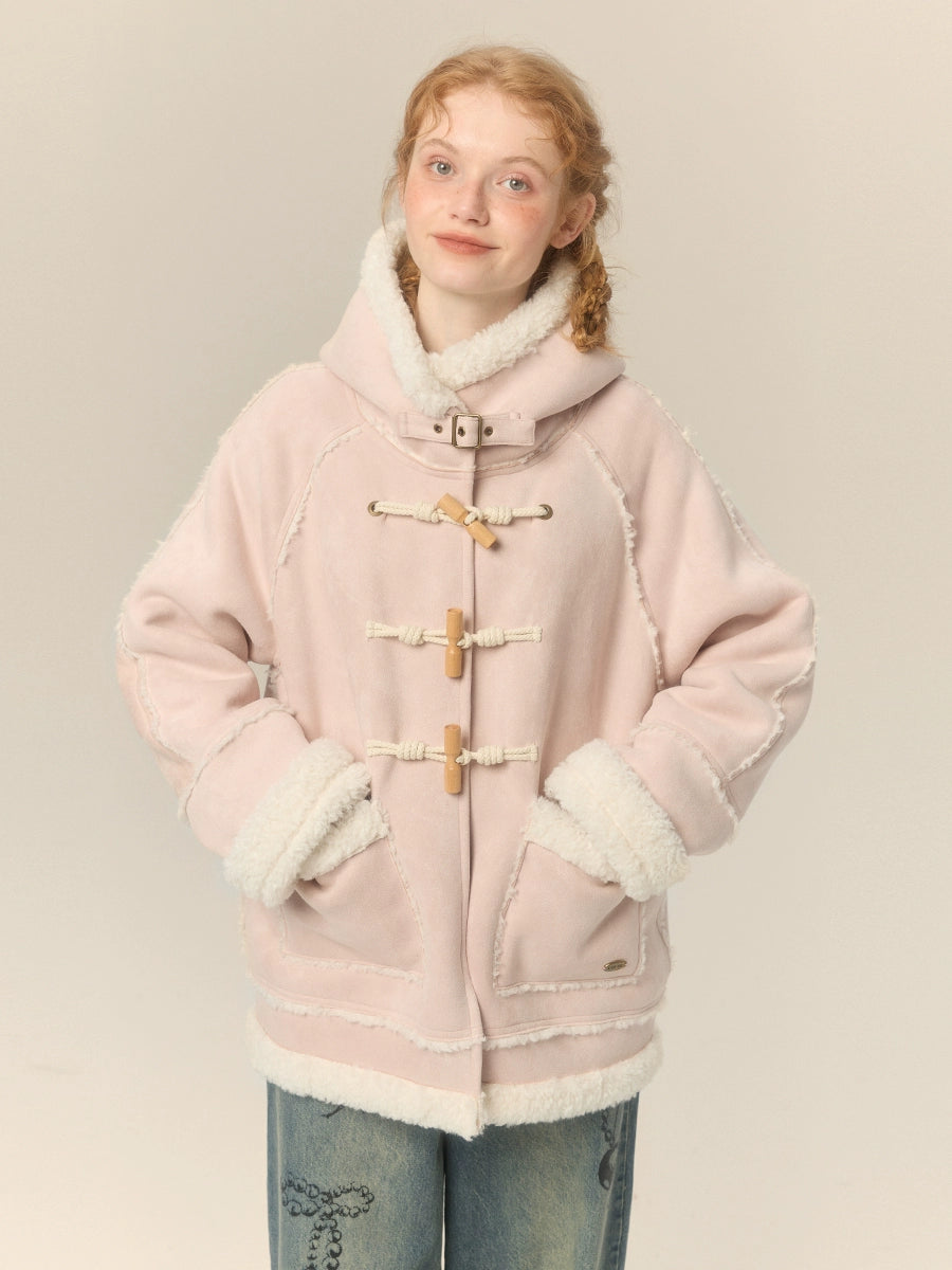 Hooded Horn Buckle Fur Jacket