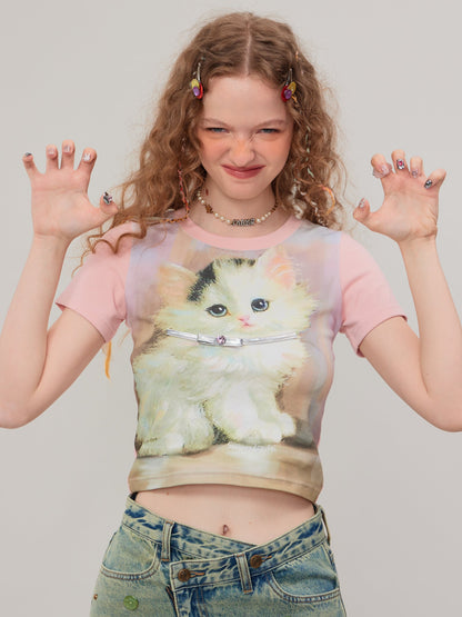 Retro Pink Cat Short Sleeve T-Shirt