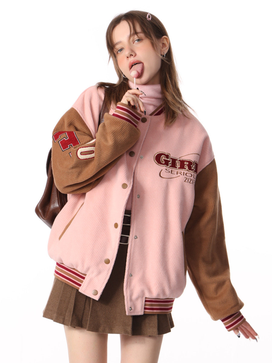 Thickened Pink Stitching Woolen Jacket