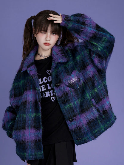 Loose checkered longhair casual jacket