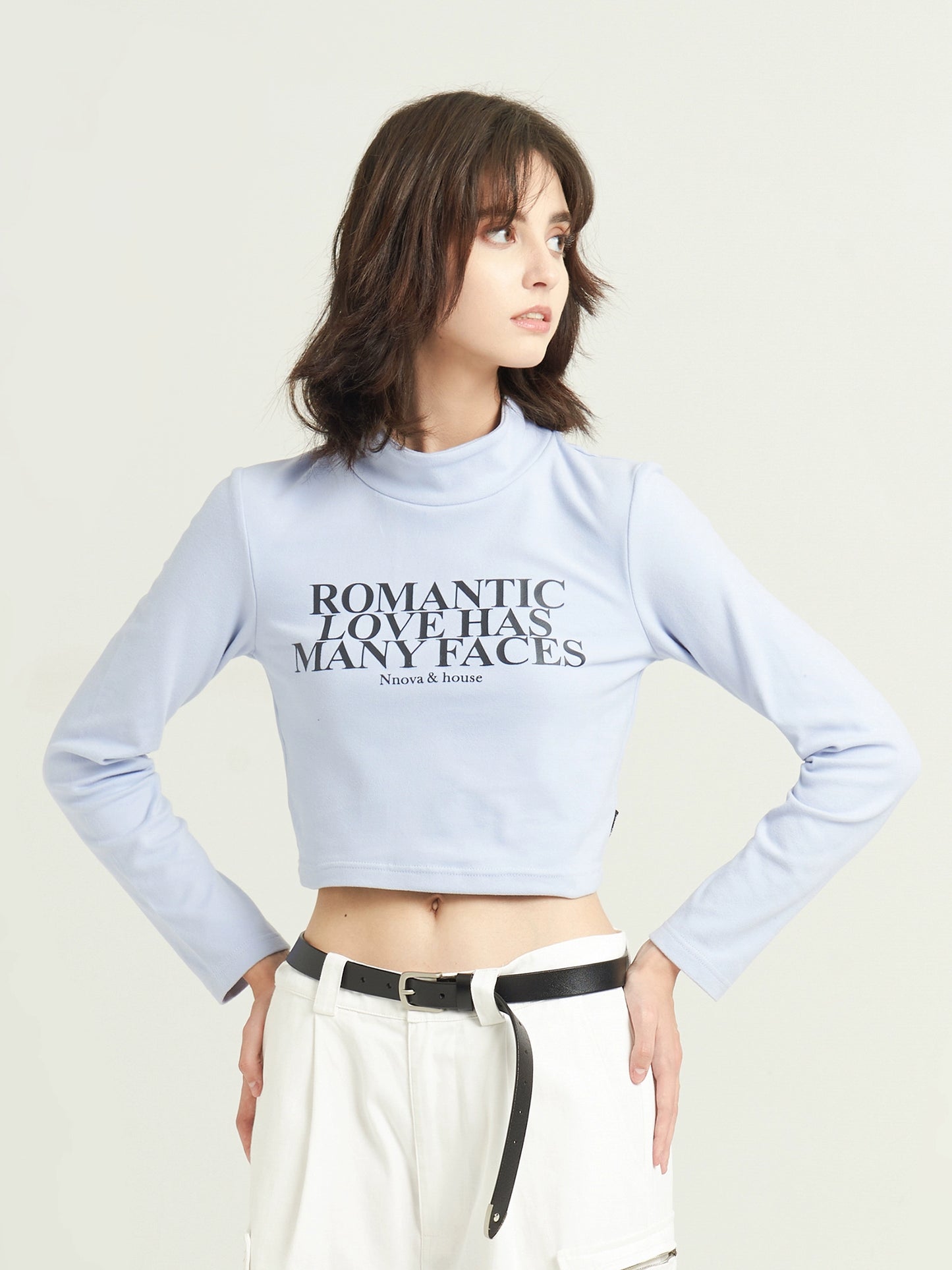 Turtleneck letters long sleeves crop tops