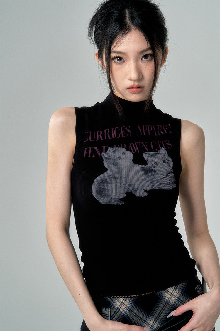 Sleeveless Knit with High Neck Cat Design