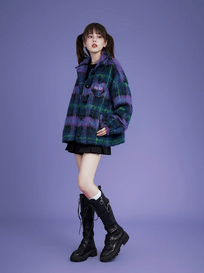 Loose checkered longhair casual jacket