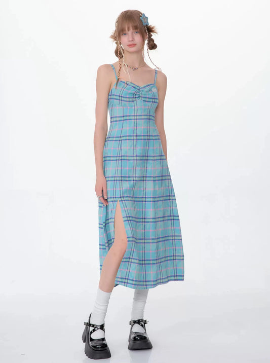 Vintage Check Taille Cinched Babes Blaues Kleid
