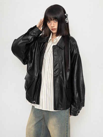 Loose Polo Collar Leather Coat