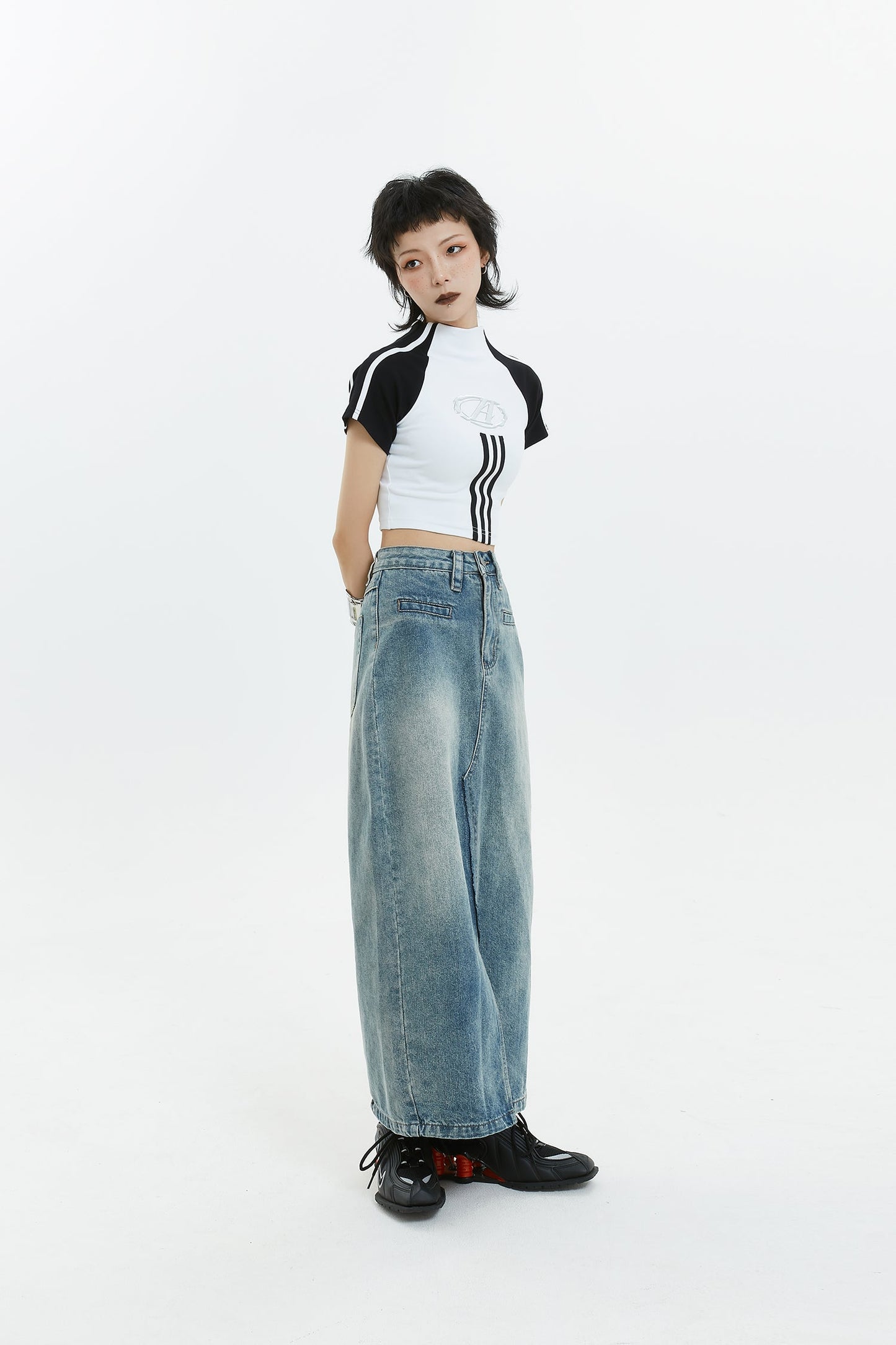 Front slit A-line denim long skirt