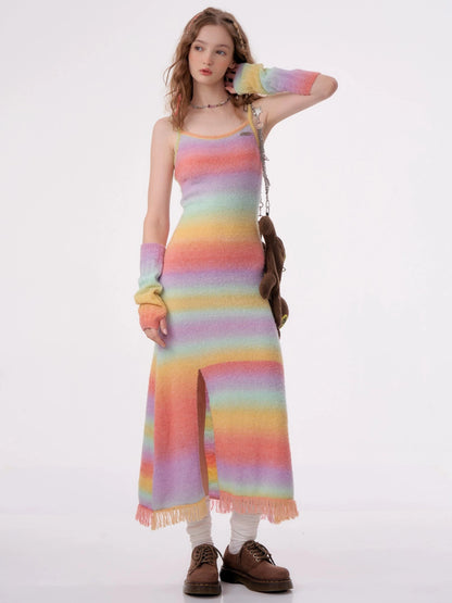 American retro slim rainbow knit bottom long Dress