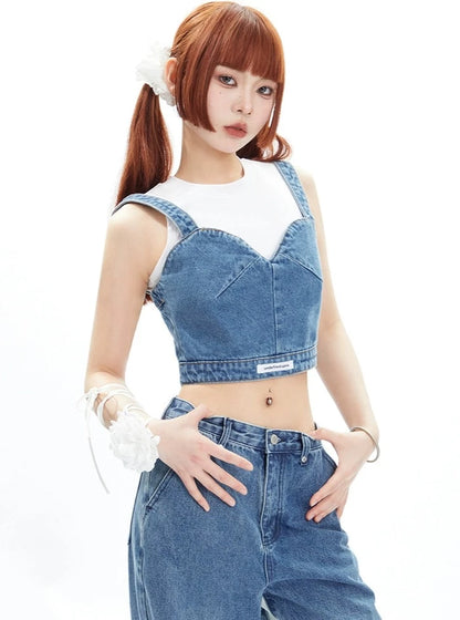 Strap Tank Top Denim Pants Two Piece Set