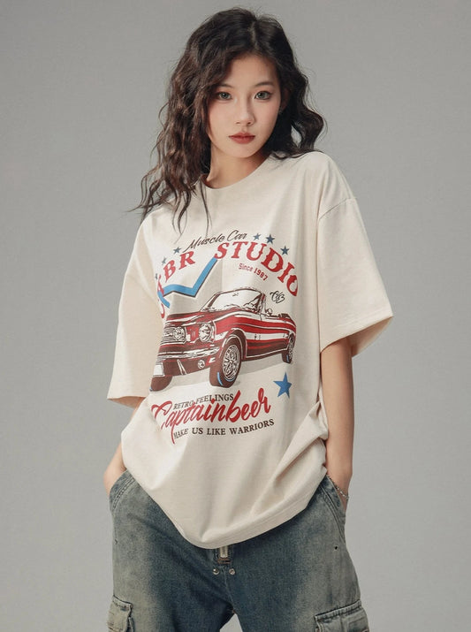 American Retro Car Loose Crew Neck T-Shirt