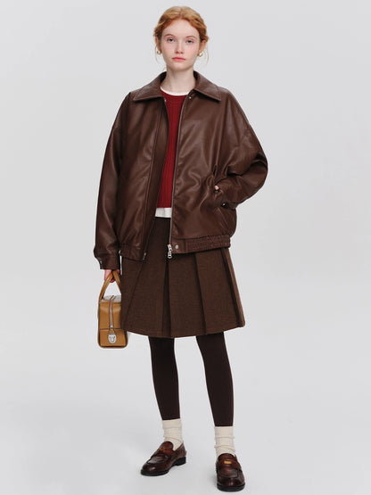 PU Brown Leather Coat