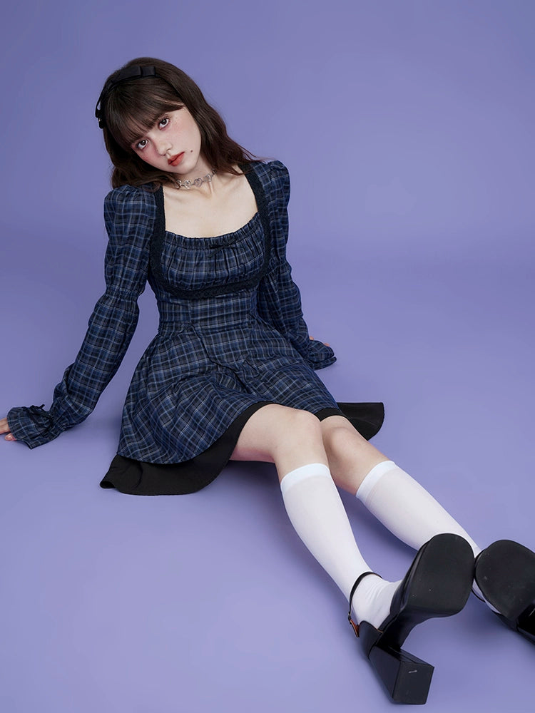 Dark Blue Grid Long Sleeve Slim Dress