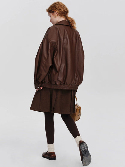 PU Brown Leather Coat