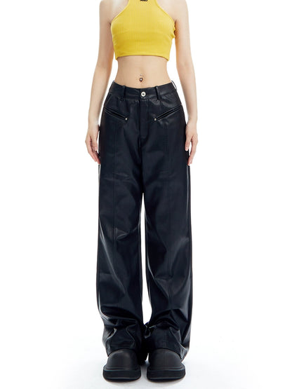 Loose Wide Leg PU Leather Pants