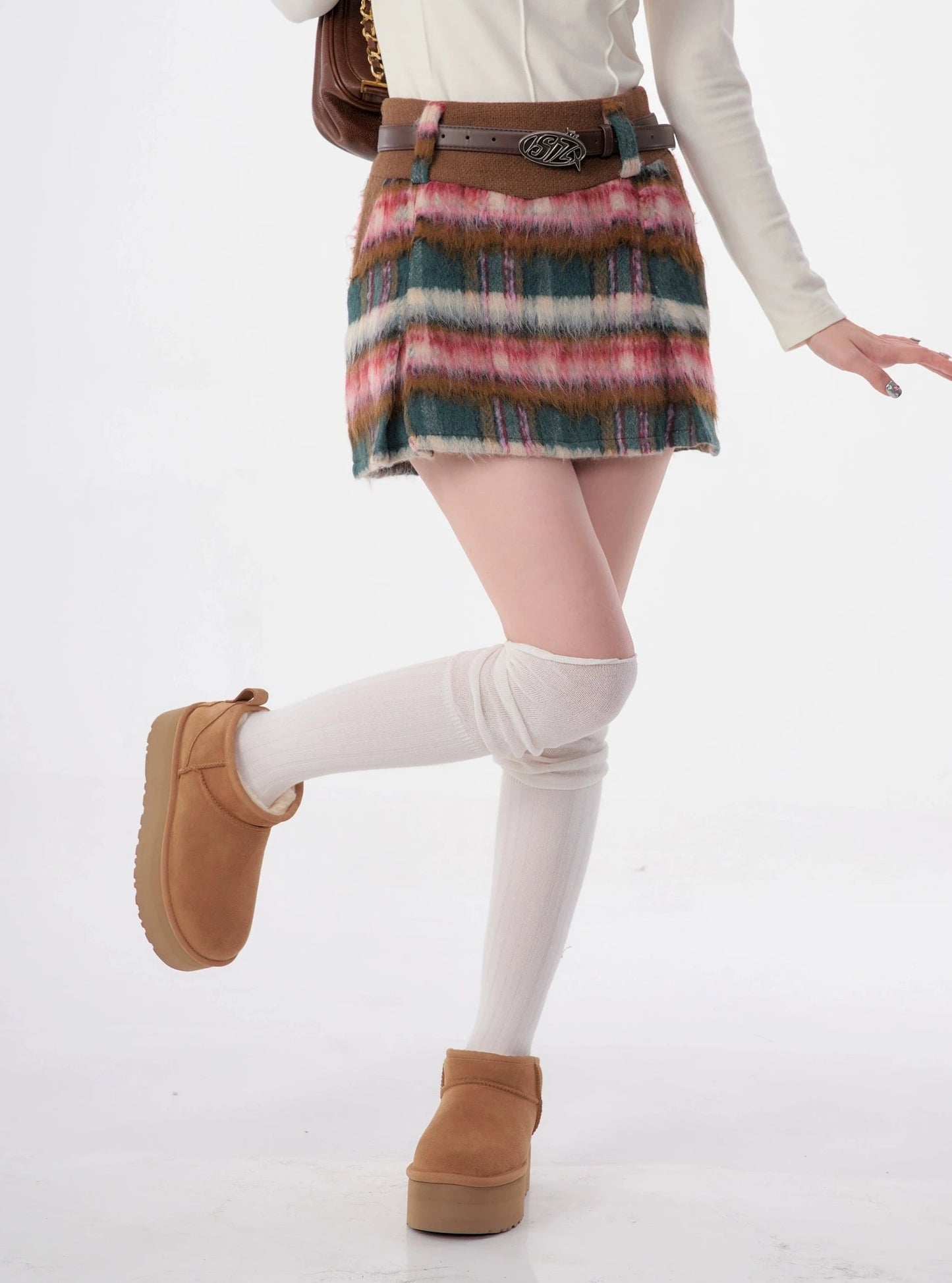 High-waisted thin red woolen tweed plaid short Skirt