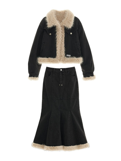Fur Collar Denim Jacket And Skirt Set