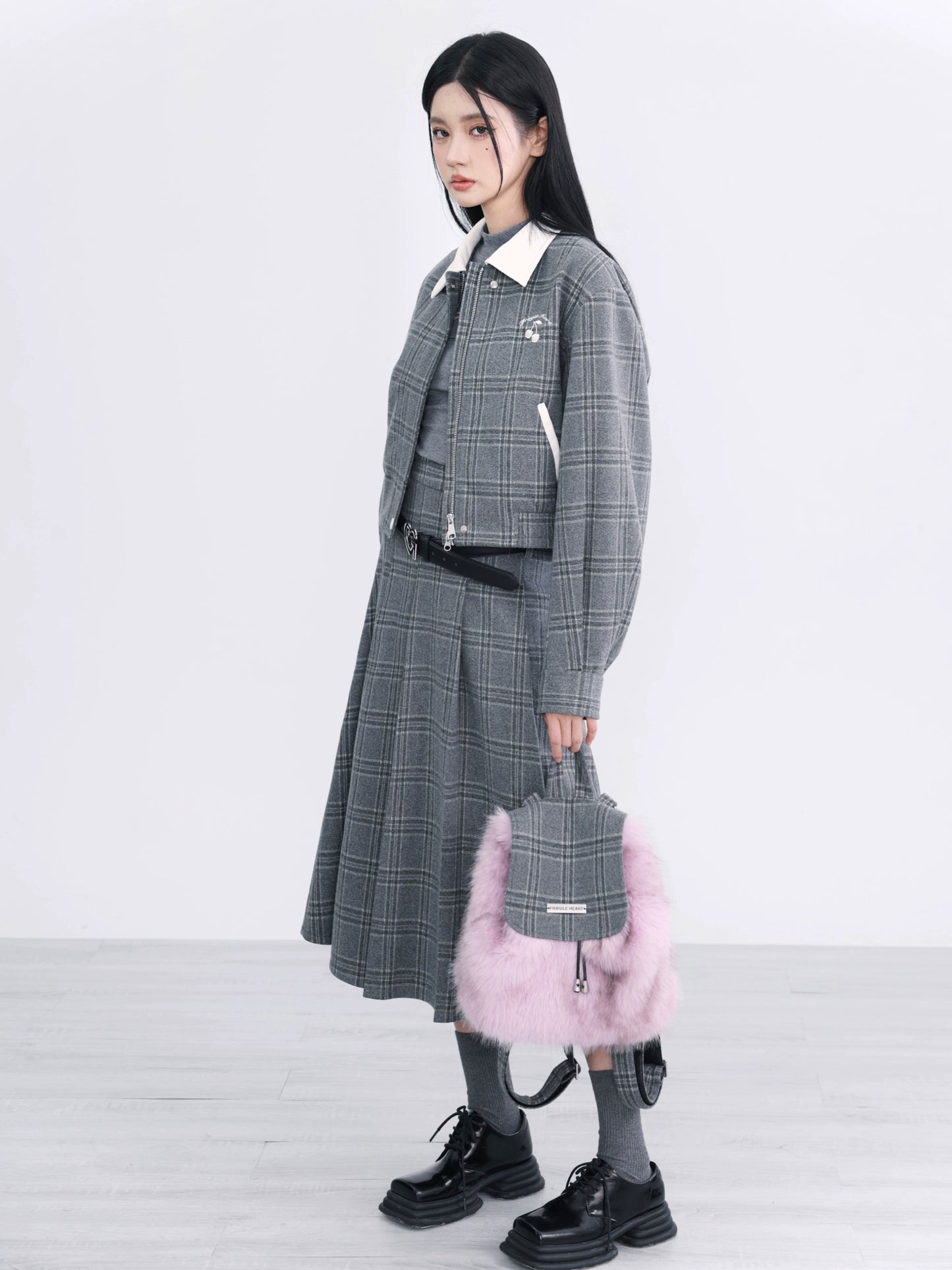 Two-piece Gray Plaid Cotton Jacket Skirt Set