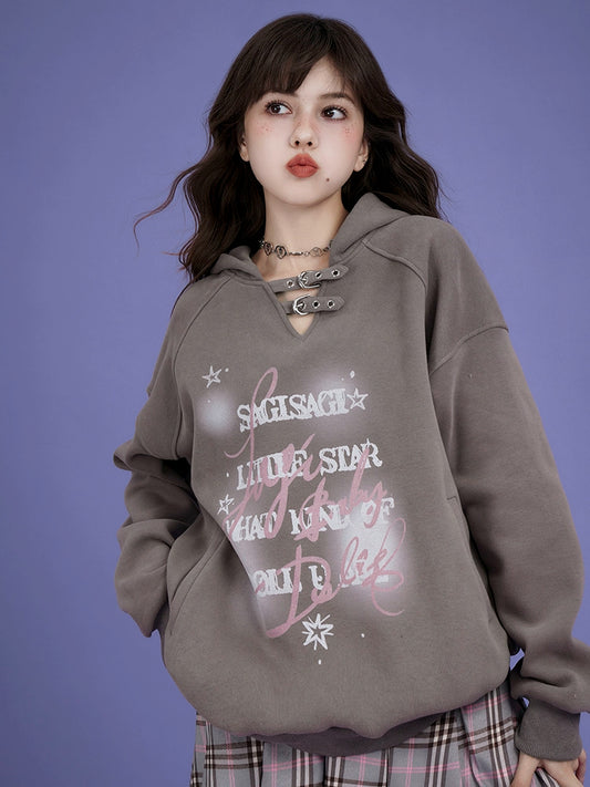 Letter print pullover hooded and suede thick coat