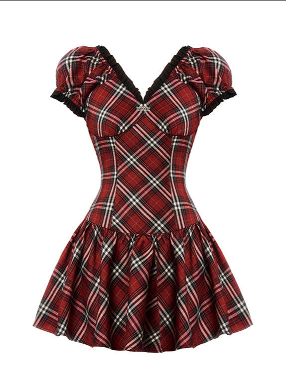 Red Brown Retro Check Ruffle V-Neck Dress