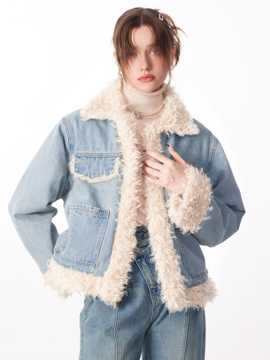 American thickened cotton denim lamb wool coat